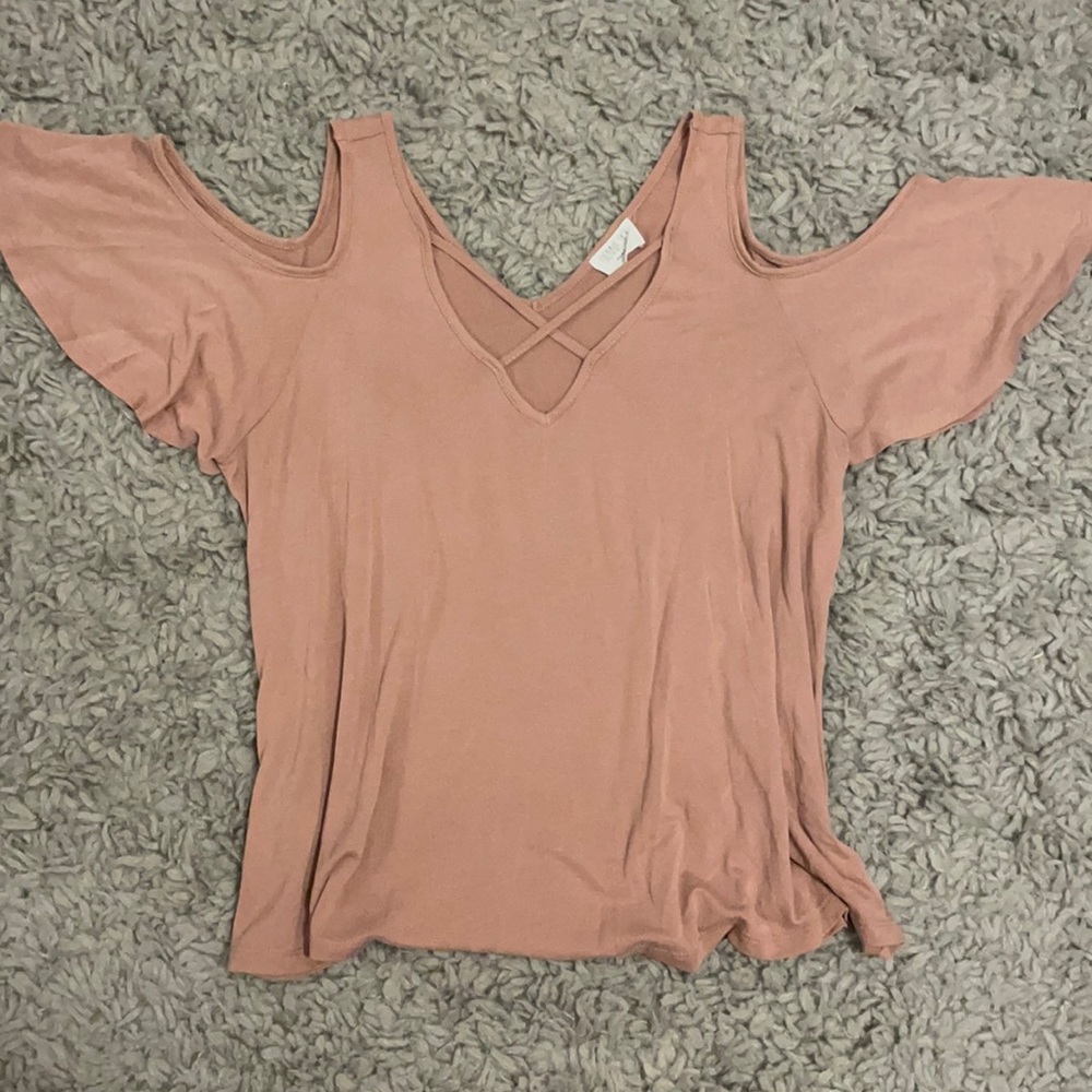 Open shoulder mauve top
